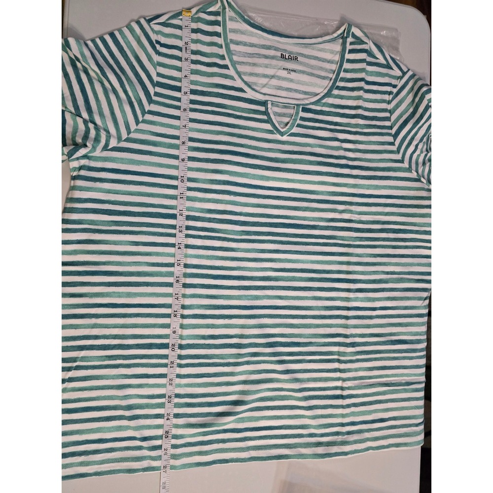 Blair Womens 2XL Teal White Striped 3/4 Sleeve Keyhole Scoop Neck Knit Top - Picture 4 of 9